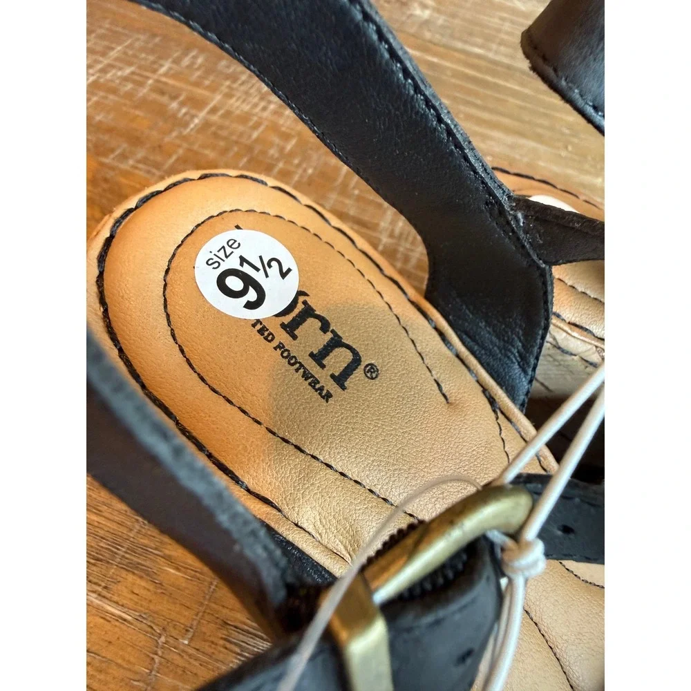 NEW Born Black Leather Cork Wedge Sandals‎ Womens 9.5 Comfort Boho Buckle Earthy